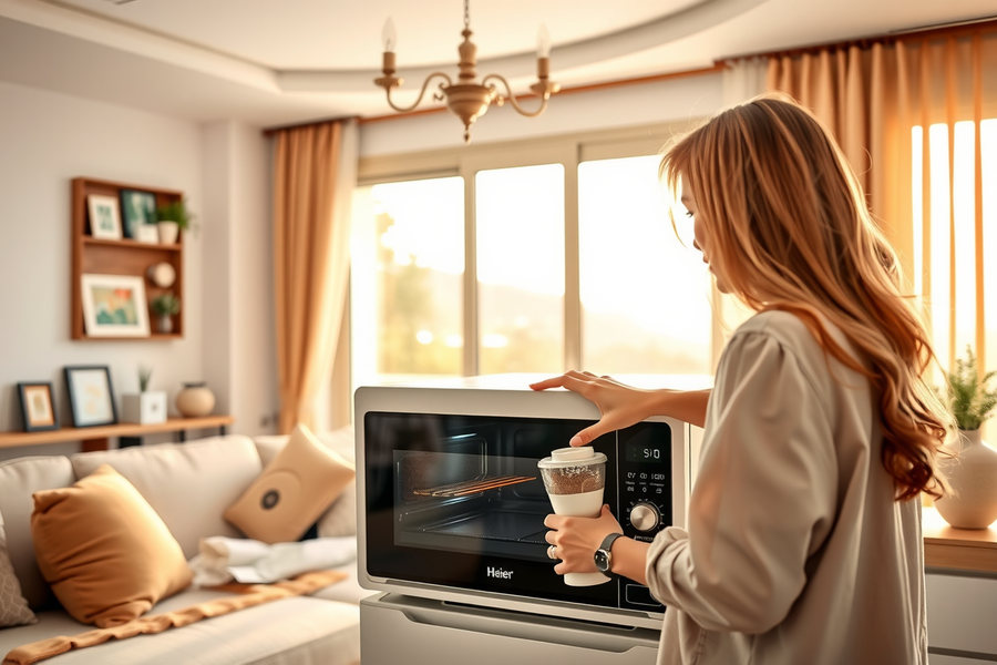 Haier microondas integrable negro en mueble cocina moderno interfaz táctil encendido función grill