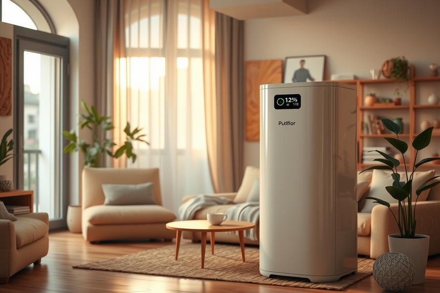 Purificador aire HEPA en uso dormitorio salón hogar español display LED verde calidad buena