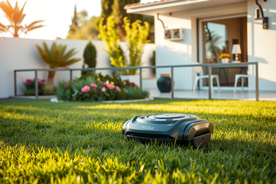 M800Plus robot cortacésped en jardín español cortando césped patrón sistemático en U